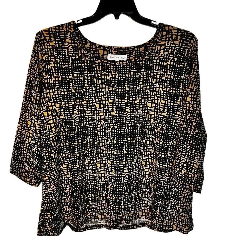 EMILY DANIELS WOMENS TOP SIZE 2XL 3/4 SLEEVE BLACK TAN POLYESTER SPANDEX